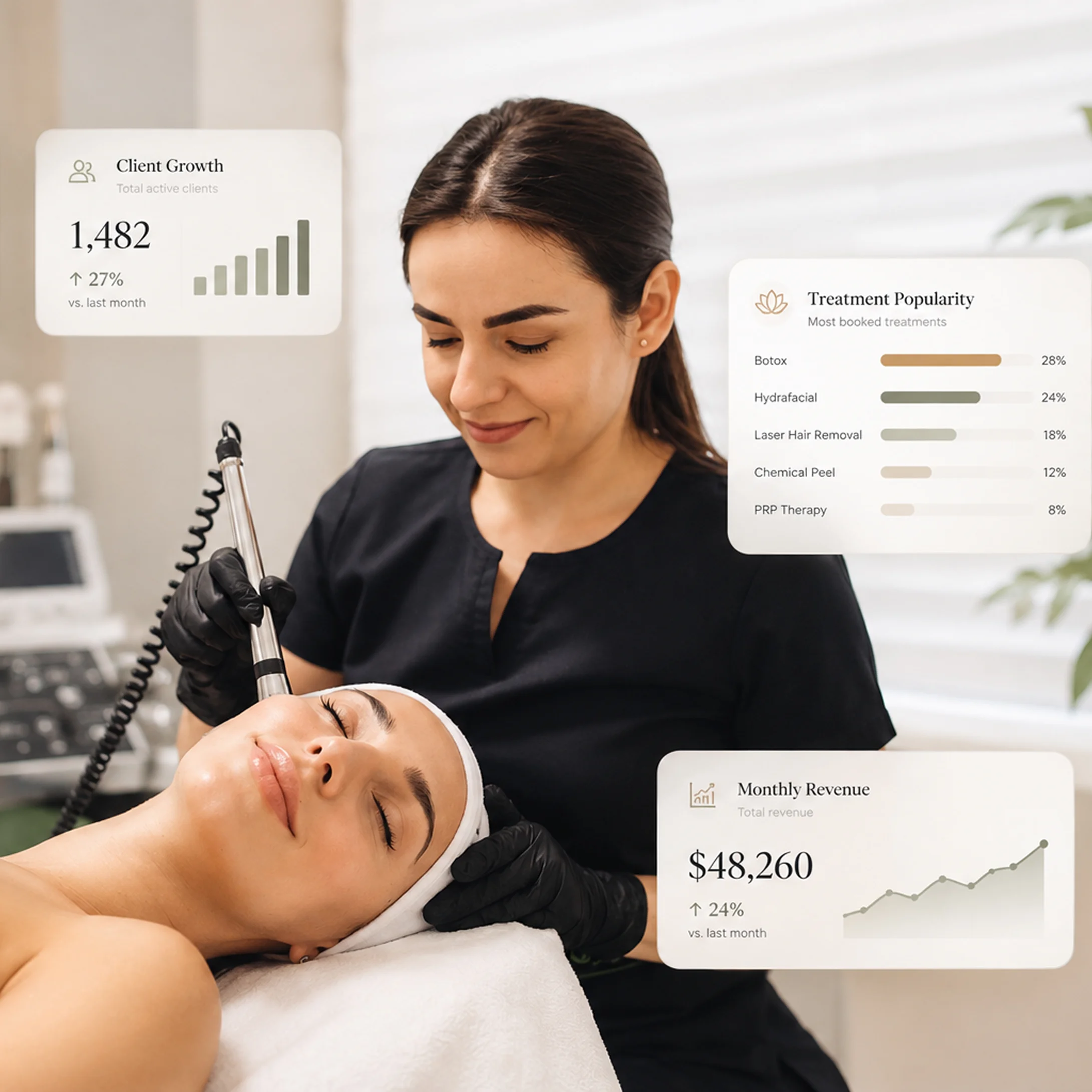 Med spa esthetician performing a facial treatment on a client, with a dashboard showing client growth, treatment popularity, and monthly revenue